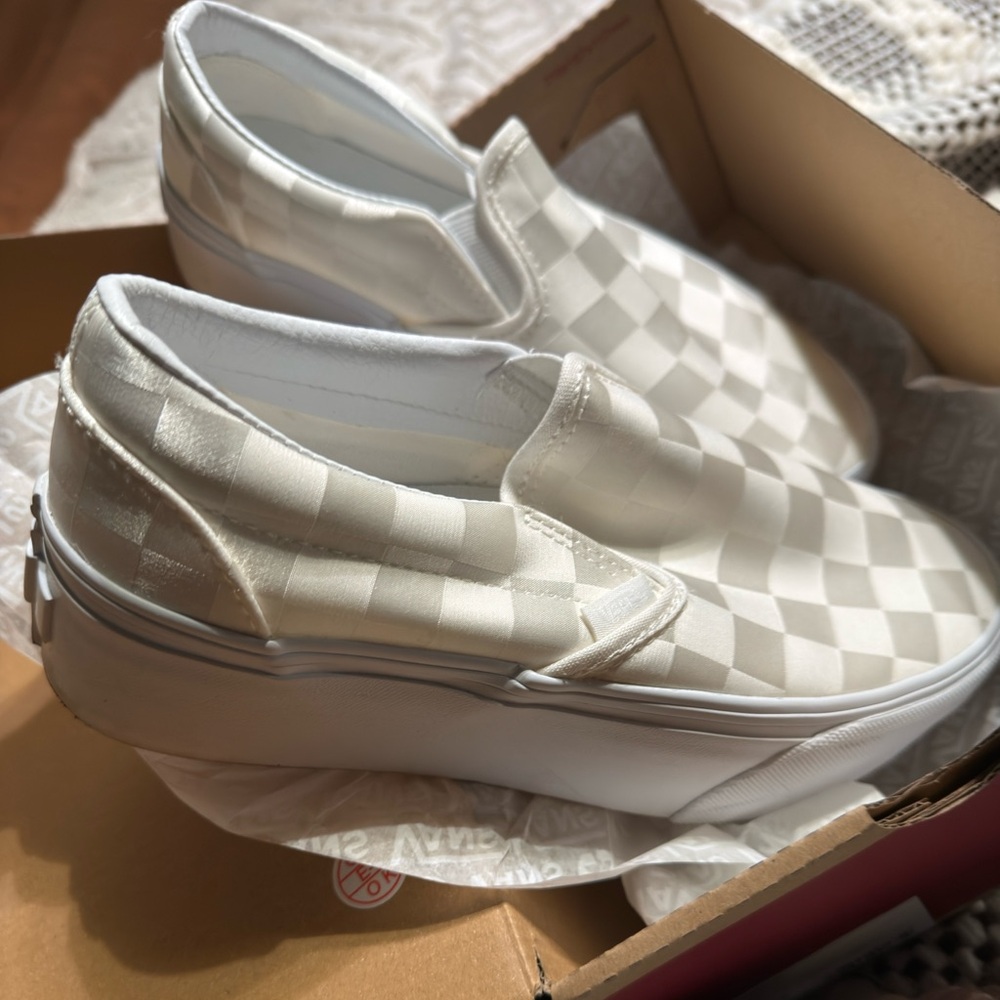 SOLD - Vans Women's Satin checkerboard white classic slip-on  8